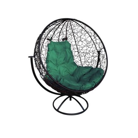 Кресло из ротанга Круглое на подставке, цвет плетения - черный, цвет подушки - зеленый